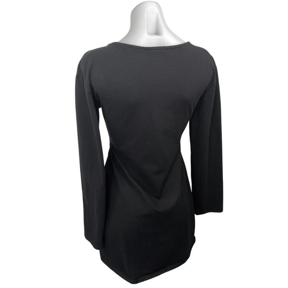 H:ours Black Long Sleeve Tie V Neck Ruched Cutout Waist Mini Bodycon Dress Sz M - Picture 2 of 5